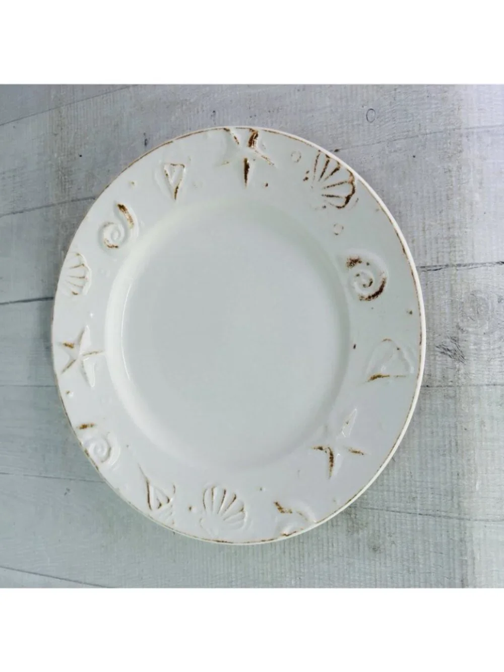 Thomson Pottery HAMPTON Seashells Embossed  Rustic Off White Dinner Plates Set 5